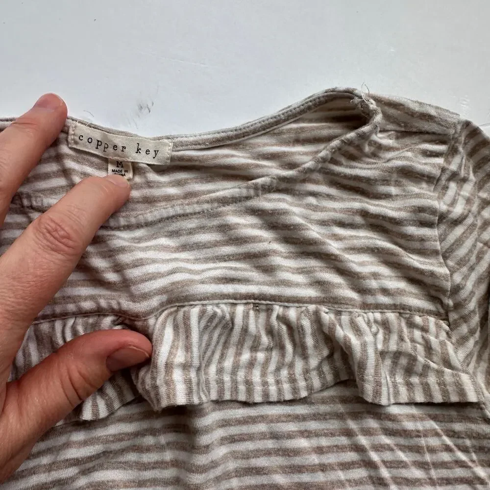 Copper Key Brown Stripe Ruffle Detail Top - Medium